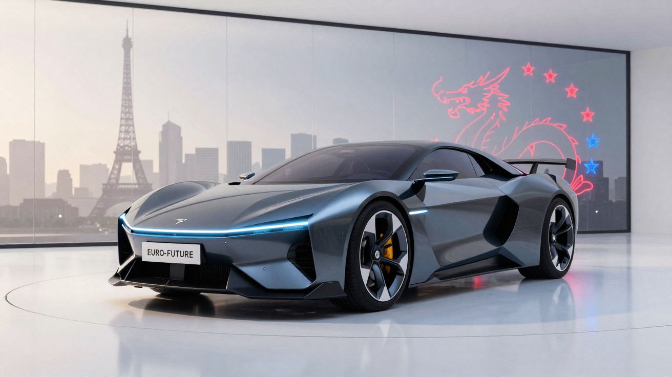 Carro desportivo futurista elétrico cinzento exibido em sala com vista para a Torre Eiffel e néon de dragão atrás.