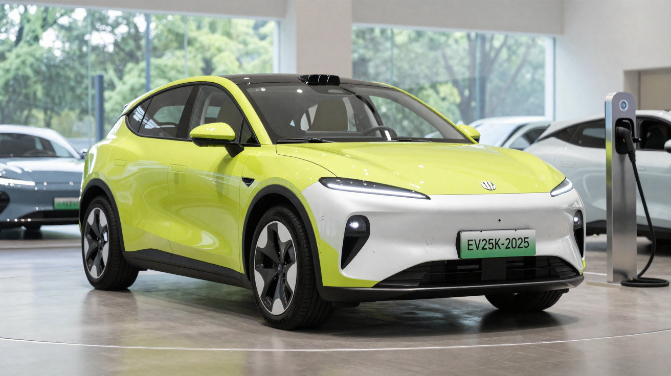 Carro elétrico verde e branco estacionado em showroom com carregador junto à direita.