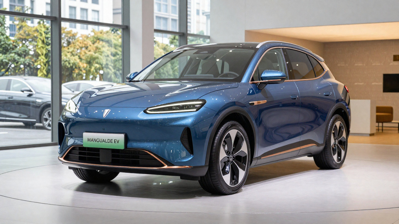 Carro elétrico azul Mangualde EV exposto em showroom moderno com grande janela e iluminação interior.