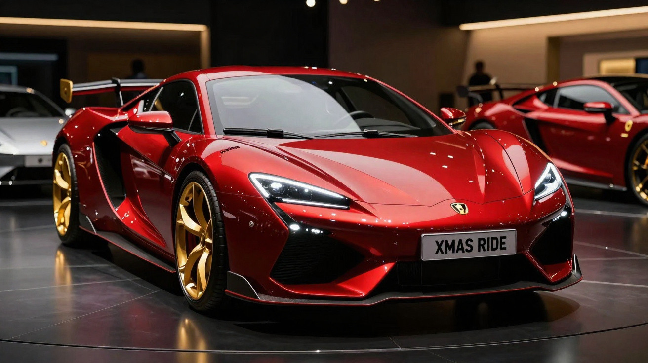 Carro desportivo vermelho com jantes douradas em exposição interior com placa a dizer "XMAS RIDE".