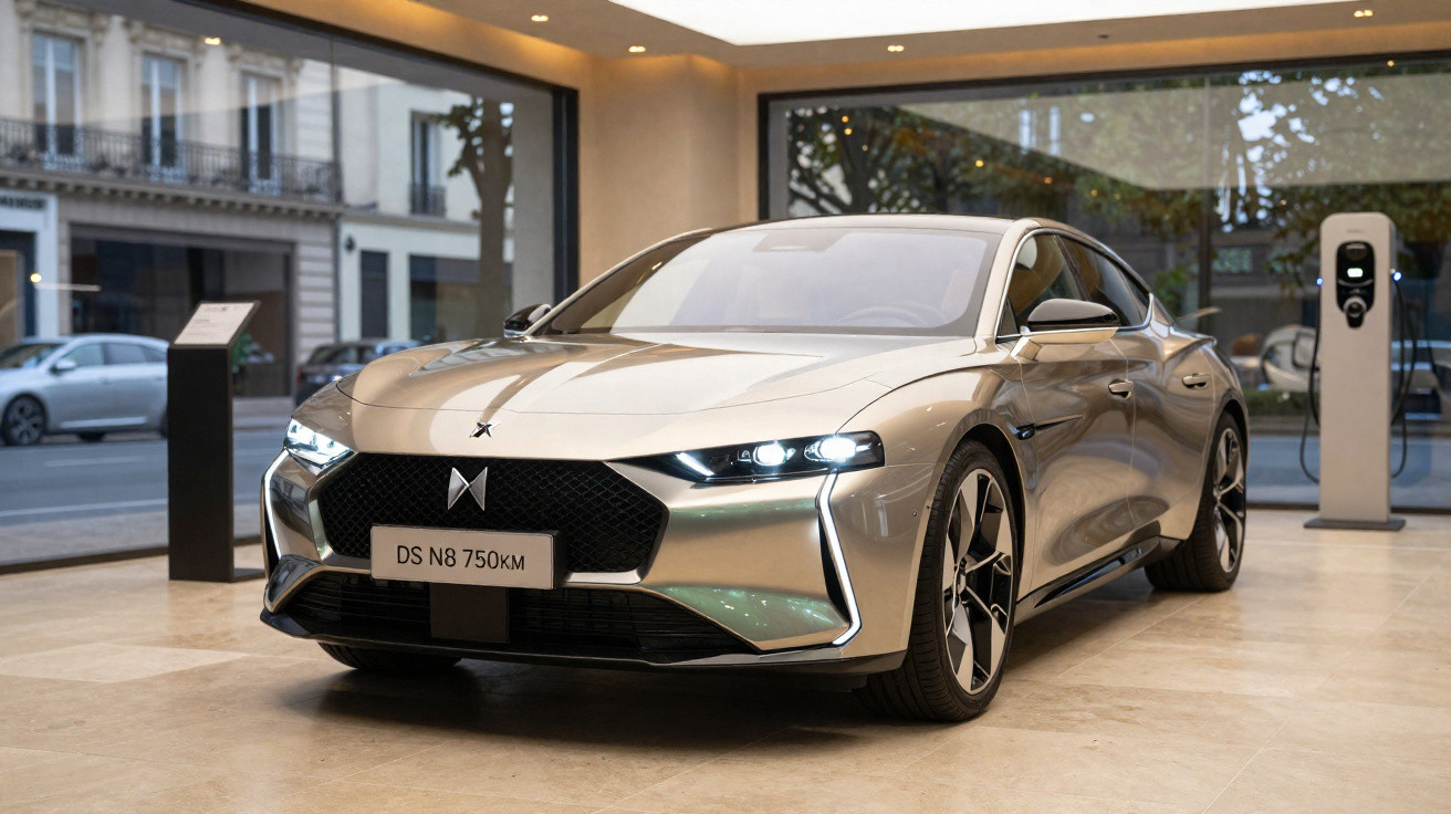 Carro elétrico DS N8 750km prateado em exposição com carregador em interior moderno.