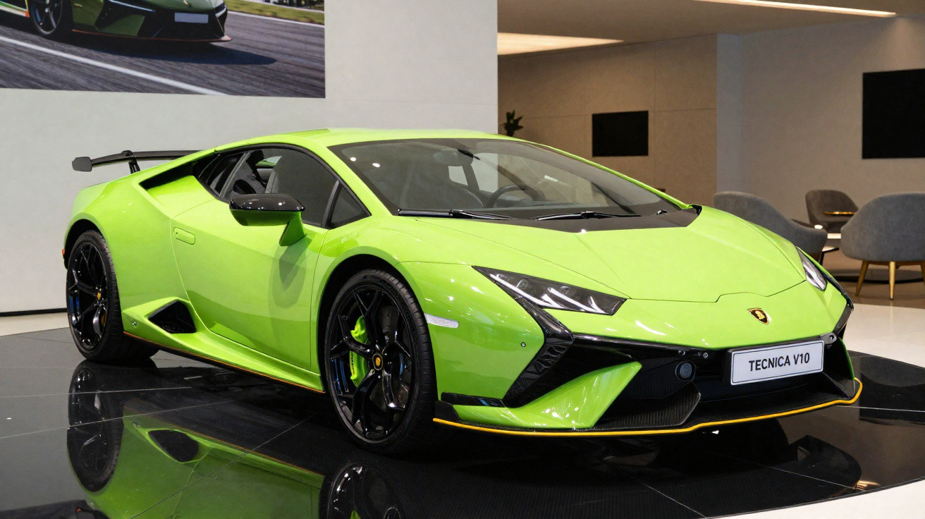 Carro desportivo Lamborghini Technica V10 verde, exposto em interior moderno com poltronas ao fundo.