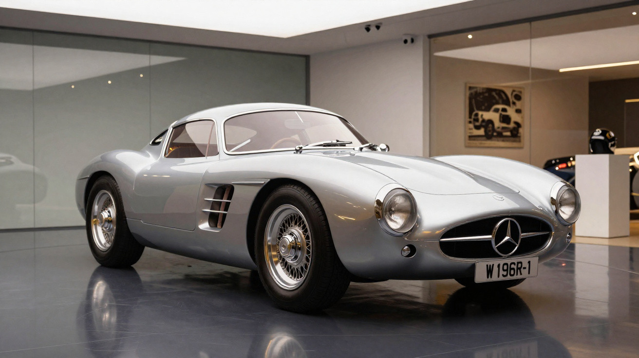 Carro desportivo clássico prata Mercedes-Benz clássico exposto em museu moderno.