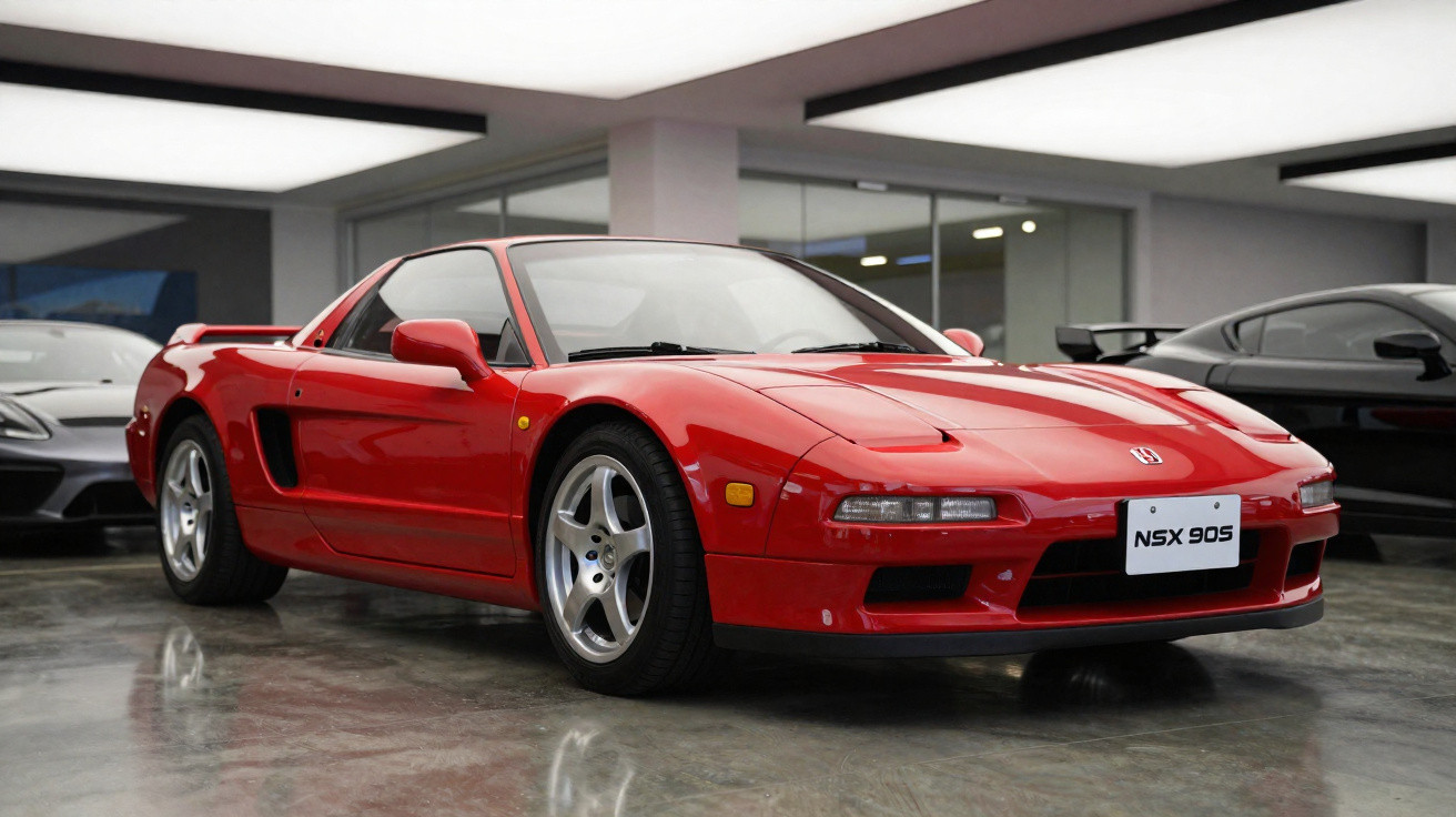 Carro desportivo vermelho Honda NSX 90s numa garagem moderna com piso brilhante.