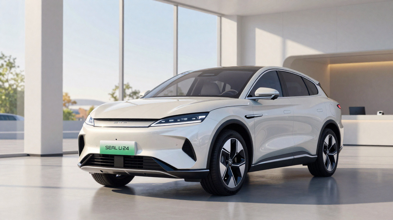 Carro elétrico branco SEAL U24 estacionado num espaço interior moderno e iluminado.