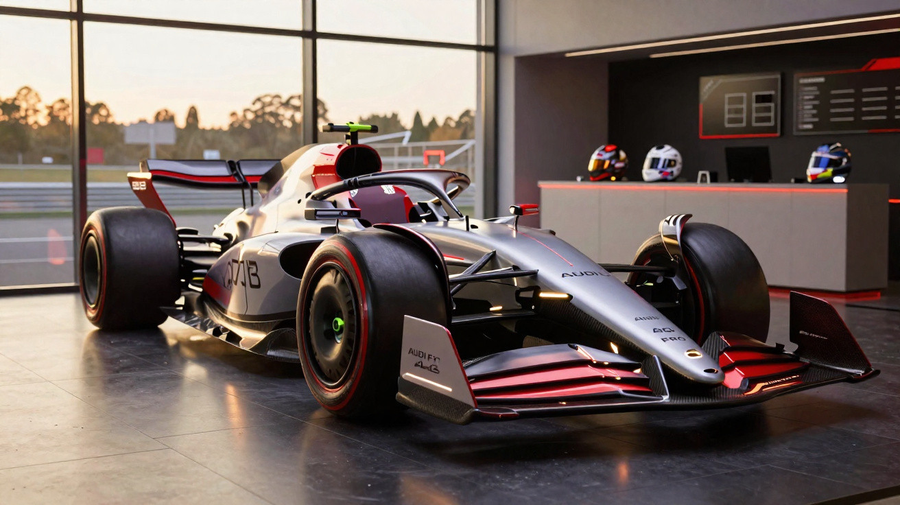 Carro de Fórmula 1 da Audi exposto numa sala com janelas grandes e capacetes em exibição ao fundo.