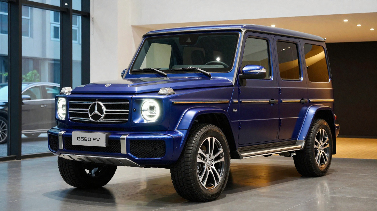 Mercedes-Benz G-class G590 EV azul estacionado em showroom moderno com luzes ligadas.
