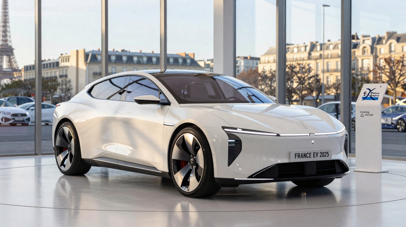 Carro elétrico branco com design futurista exibido em showroom com vista para a Torre Eiffel em Paris.