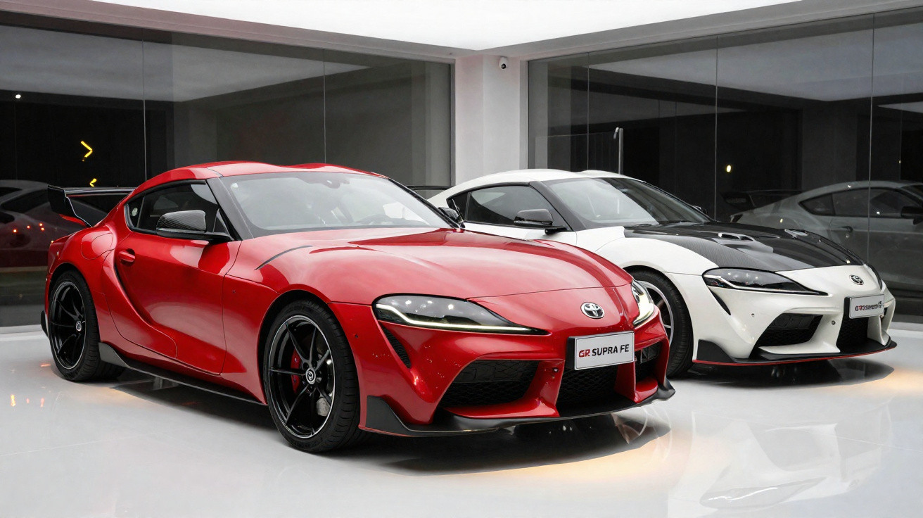 Dois Toyota GR Supra em exposição, um vermelho à frente e um branco ao fundo, ambos num espaço moderno e iluminado.