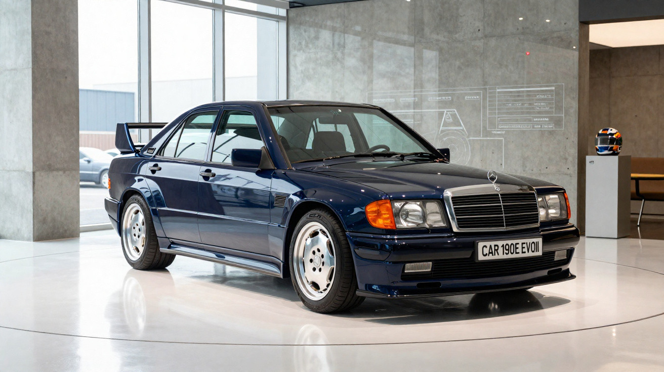 Carro desportivo Mercedes-Benz clássico azul escuro em exposição num espaço moderno com janelas grandes.