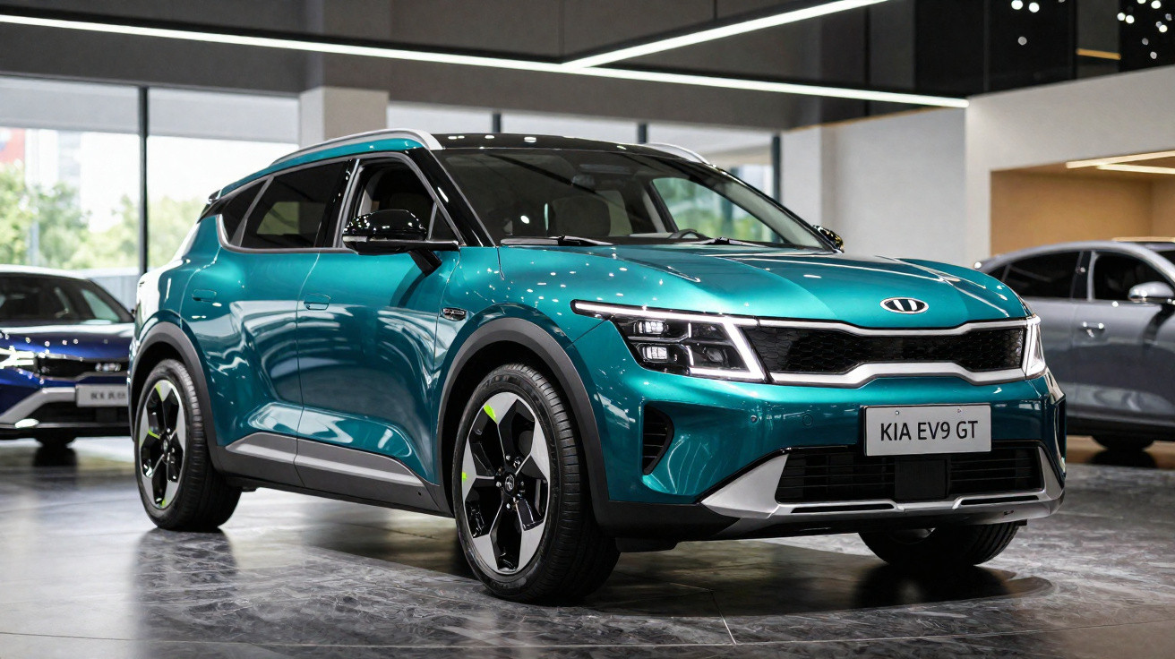 SUV eléctrico Kia EV9 GT em exposição, cor verde metálico, design moderno e linhas aerodinâmicas.