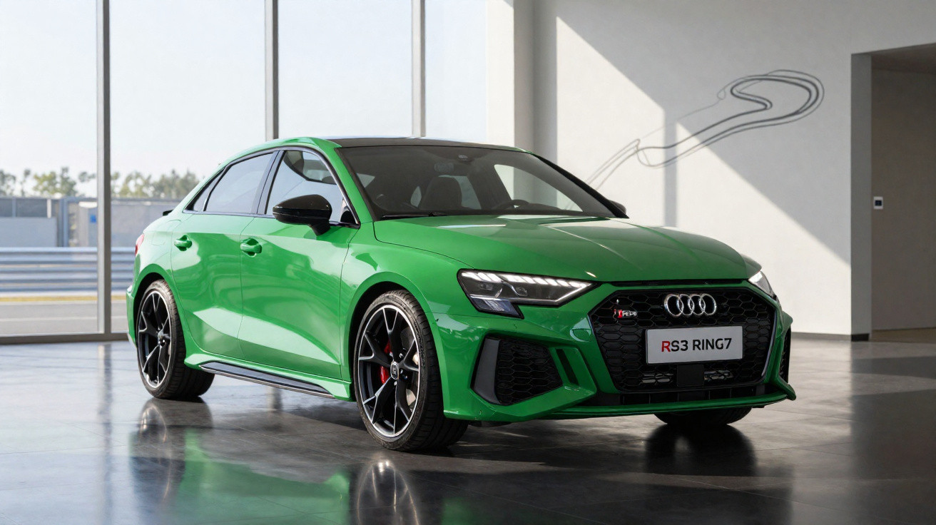 Carro desportivo Audi RS3 verde com jantes pretas exposto num espaço interior moderno.