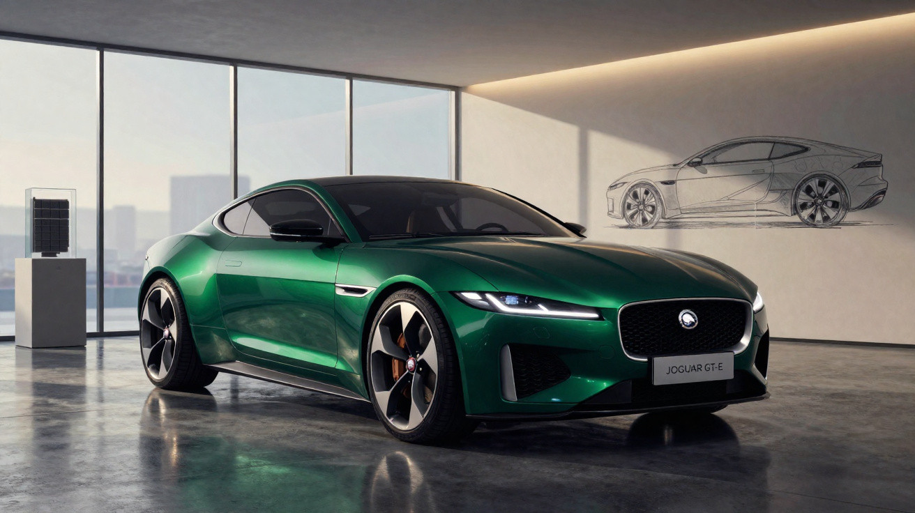 Carro desportivo Jaguar GT-E verde num showroom moderno com esboço do modelo na parede.