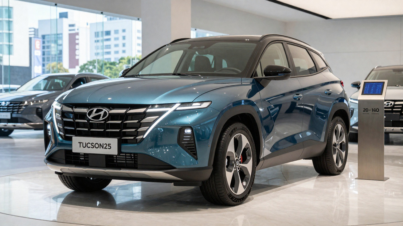 Hyundai Tucson 2025 azul exposto numa sala de showroom automóvel moderno com piso brilhante.