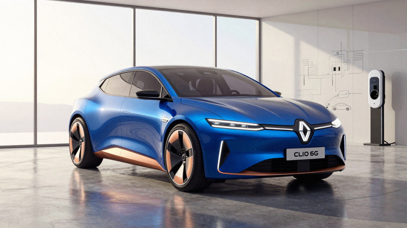Carro elétrico Renault Clio 6G azul num espaço interior moderno ao lado de posto de carregamento.