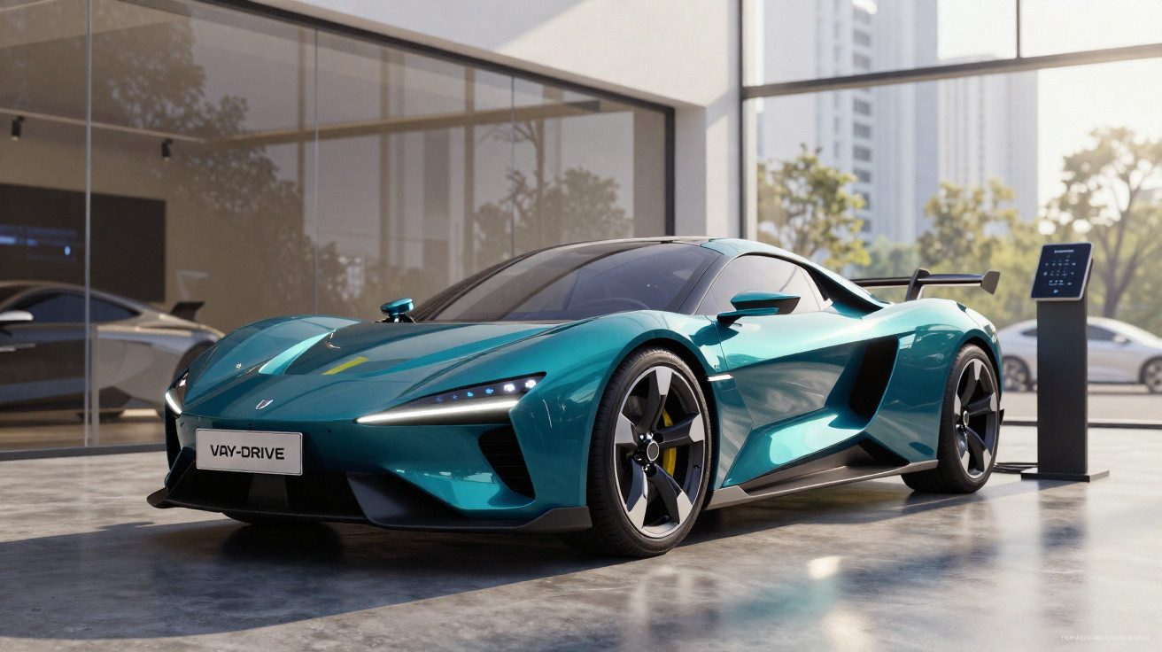 Carro desportivo elétrico azul metálico estacionado em ambiente urbano moderno, junto a estação de carregamento.