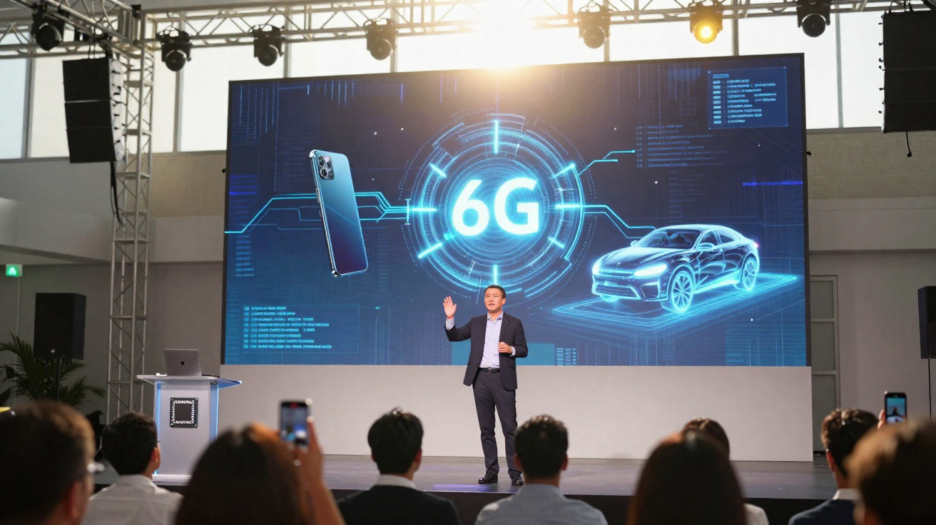 Apresentador numa conferência tecnológica com ecrã gigante a mostrar o conceito de tecnologia 6G.