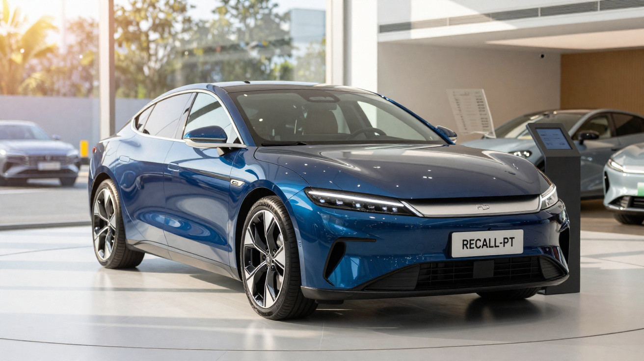 Carro elétrico azul moderno exibido numa exposição com luz natural e veículos ao fundo.