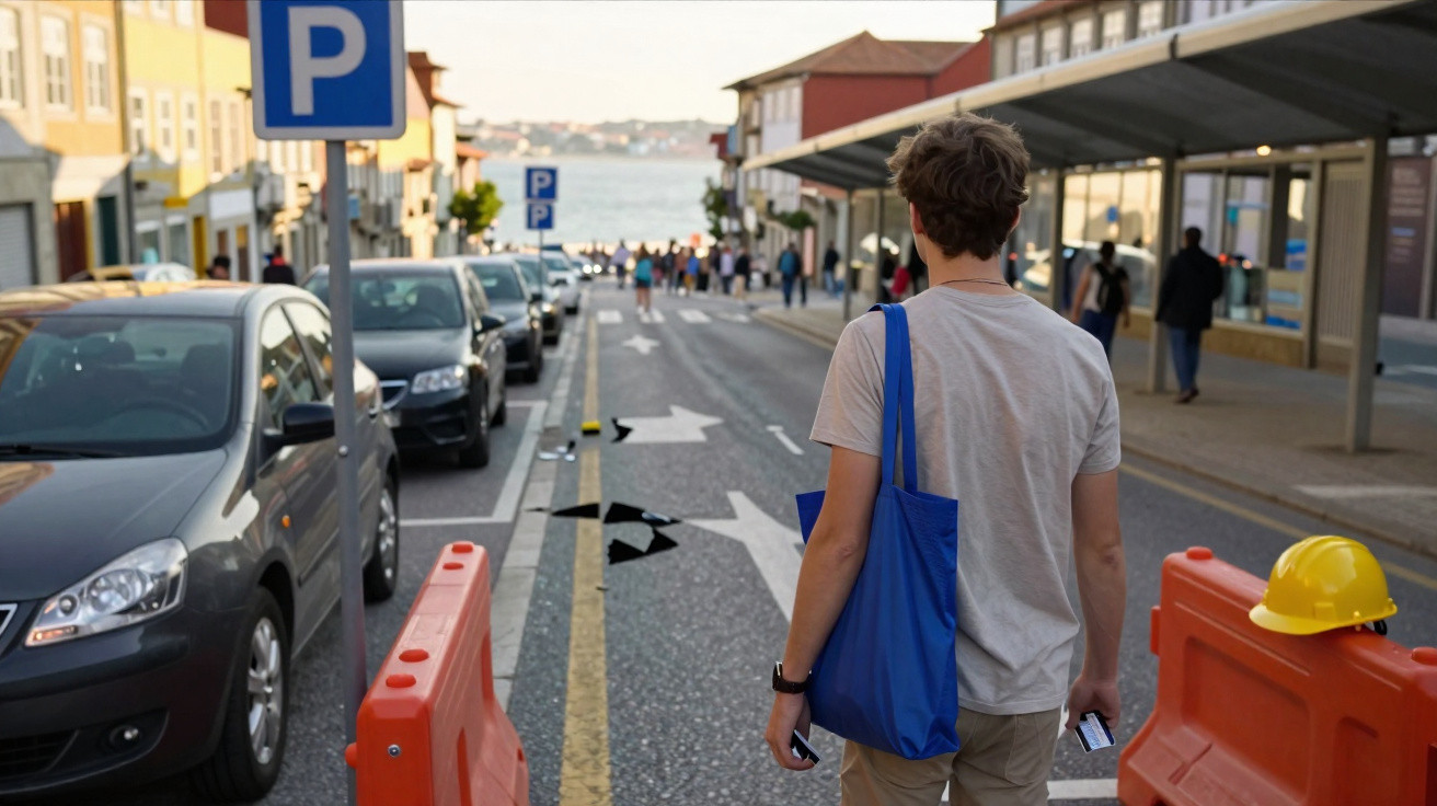 Homem de costas com saco azul e cartão na mão caminha numa rua com carros estacionados e capacete amarelo numa barreira.