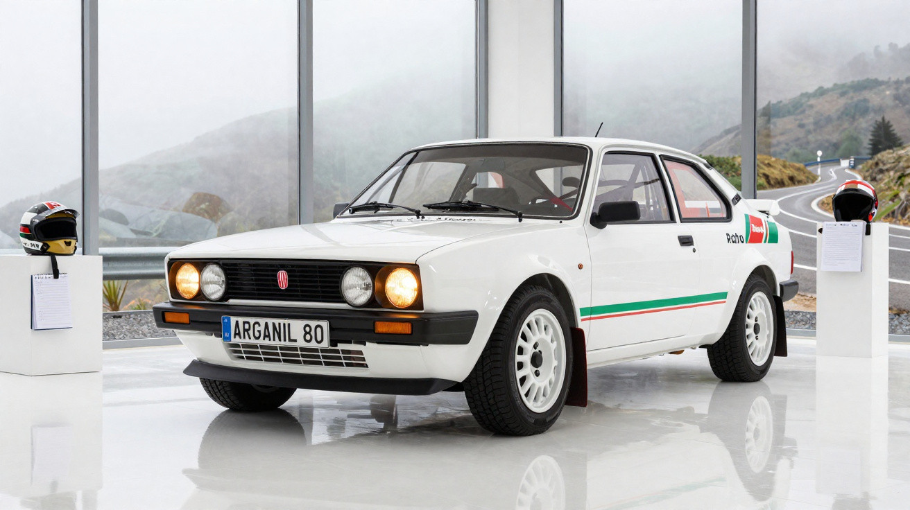 Carro de rally branco clássico com faróis ligados e capacetes exibidos em ambiente moderno e luminoso.