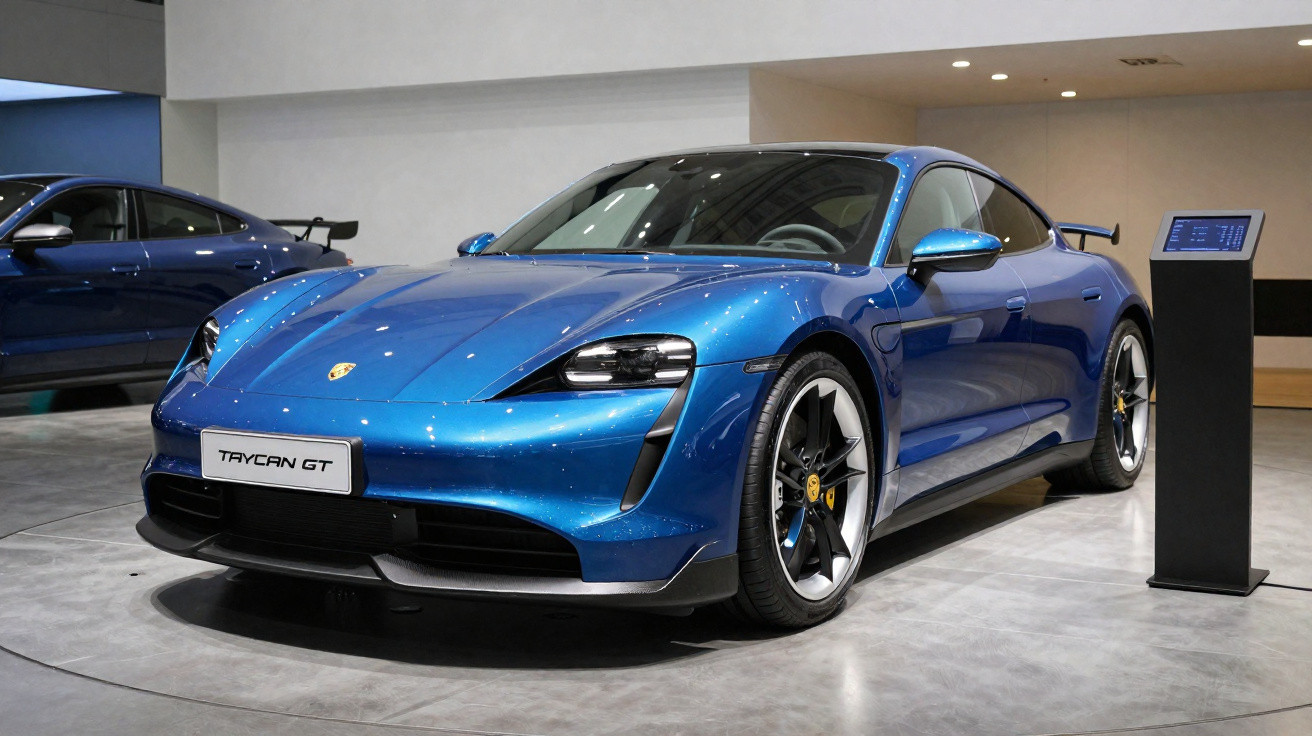 Carro elétrico desportivo Porsche Taycan GT azul exposto em salão automóvel com painel informativo.