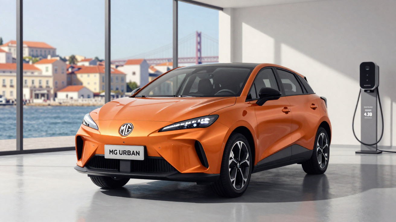 Carro elétrico laranja MG Urban estacionado junto a uma estação de carregamento em salão com vista para a água.