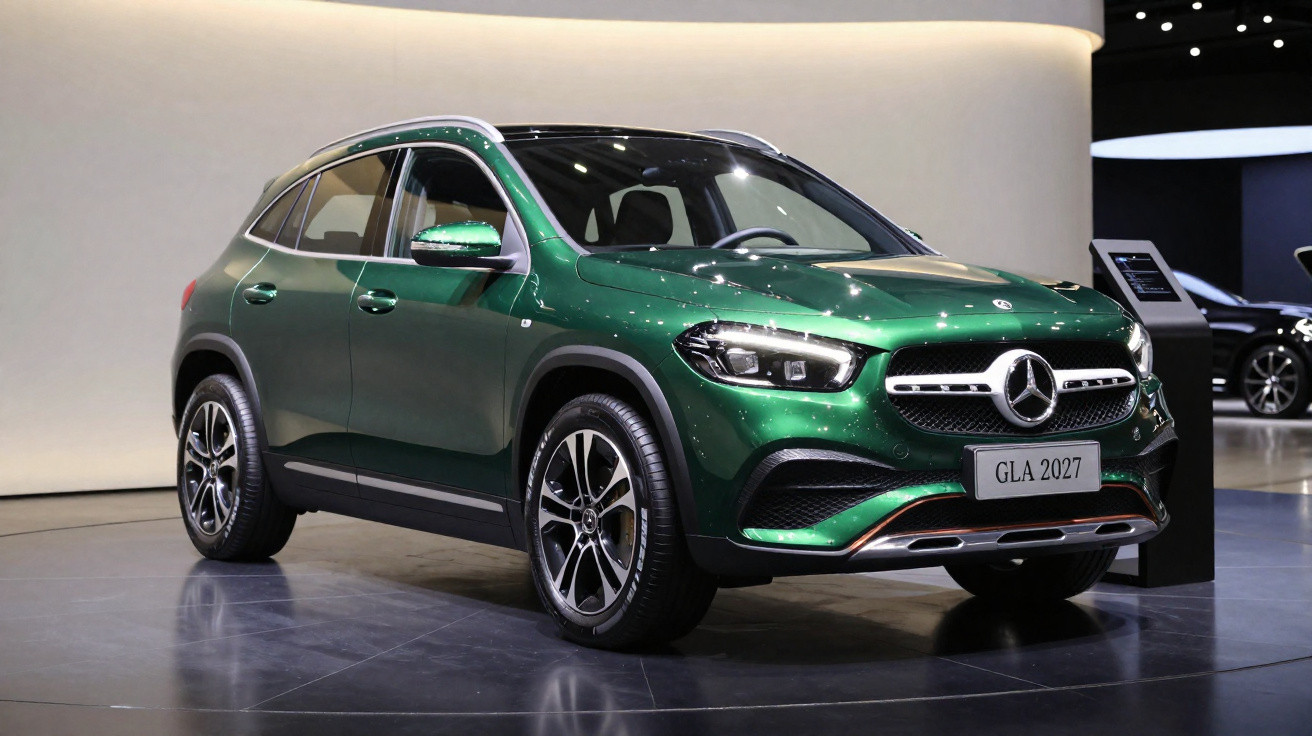 Carro Mercedes-Benz SUV GLA 2027 verde metalizado exposto em salão automóvel.