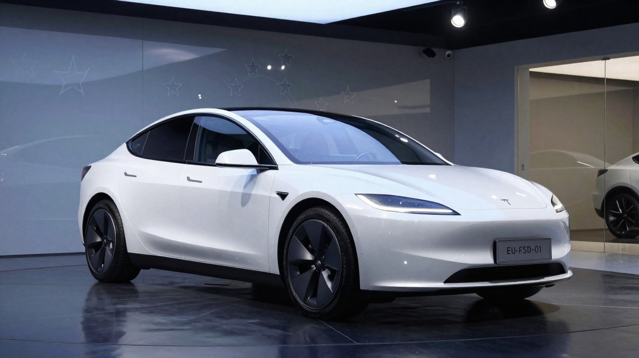 Carro elétrico branco Tesla Model 2 em exposição numa sala moderna com iluminação artificial.