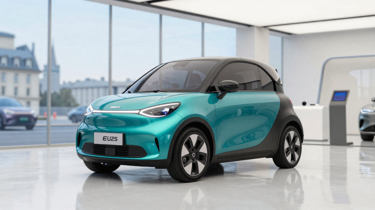 Carro elétrico compacto azul turquesa com teto preto e design moderno em showroom.