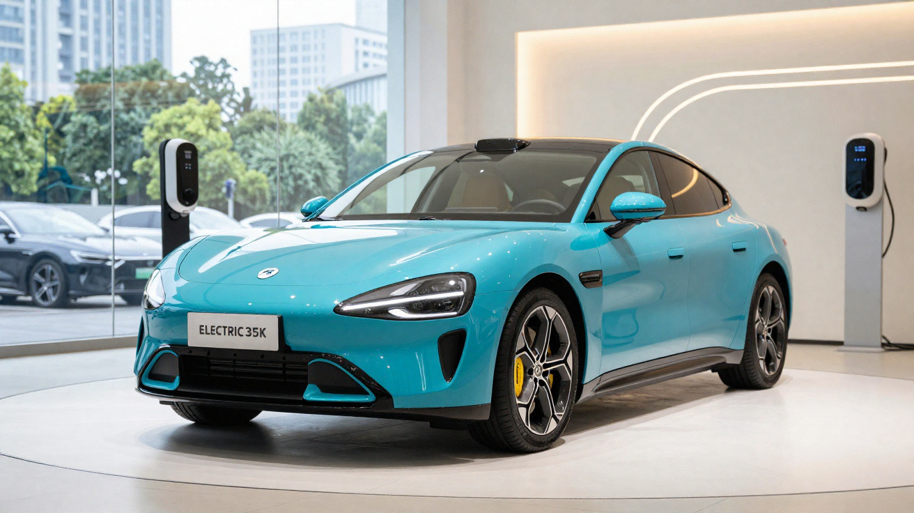 Carro elétrico azul turquesa, modelo Electric 35K, em exposição num showroom moderno.