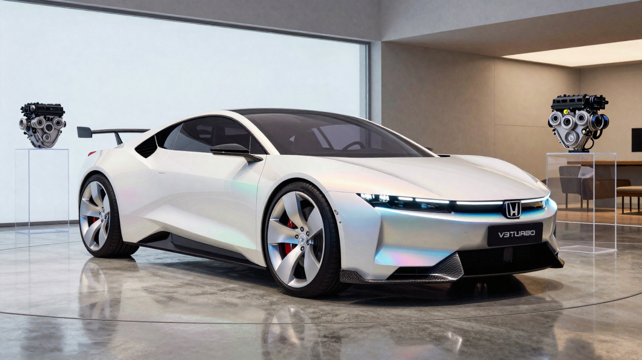 Carro desportivo elétrico Honda V-Z Turbo branco exibido em ambiente moderno com dois motores expostos.