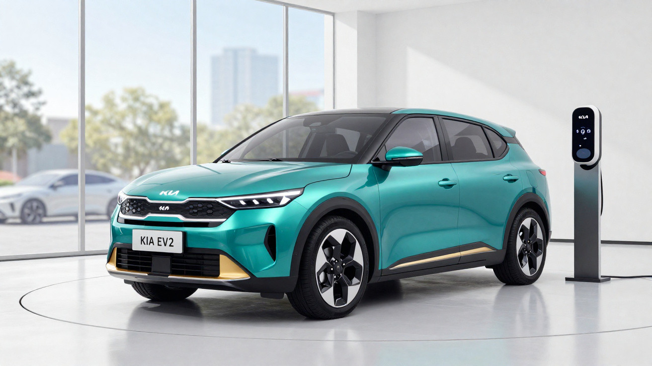 Carro elétrico Kia EV2 verde azul em estação de carregamento dentro de showroom moderno e luminoso.