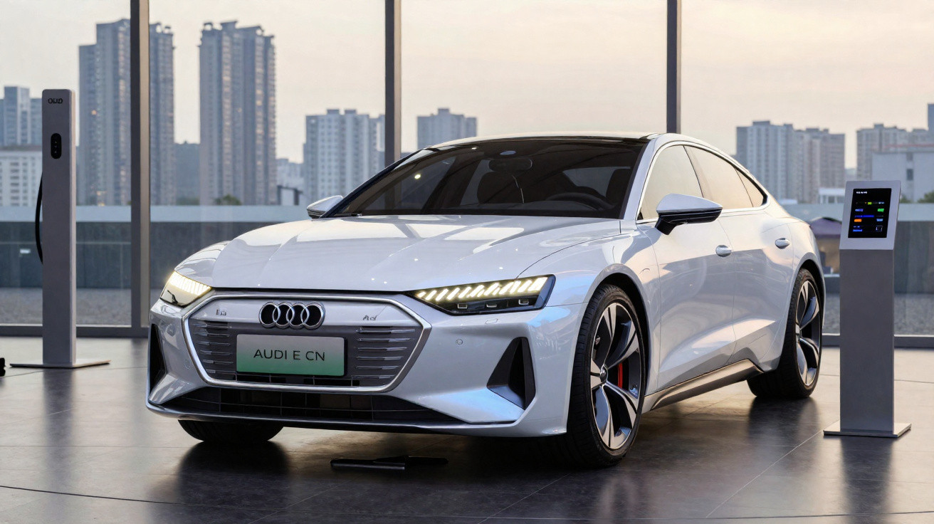 Carro elétrico Audi e-tron GT branco estacionado junto a postos de carregamento numa garagem com vista para cidade.