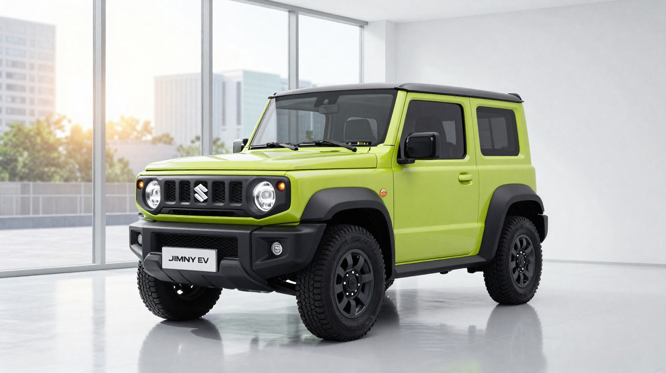 Carro elétrico Suzuki Jimny EV verde, modelo compacto, estacionado em espaço interior luminoso com janelas grandes.