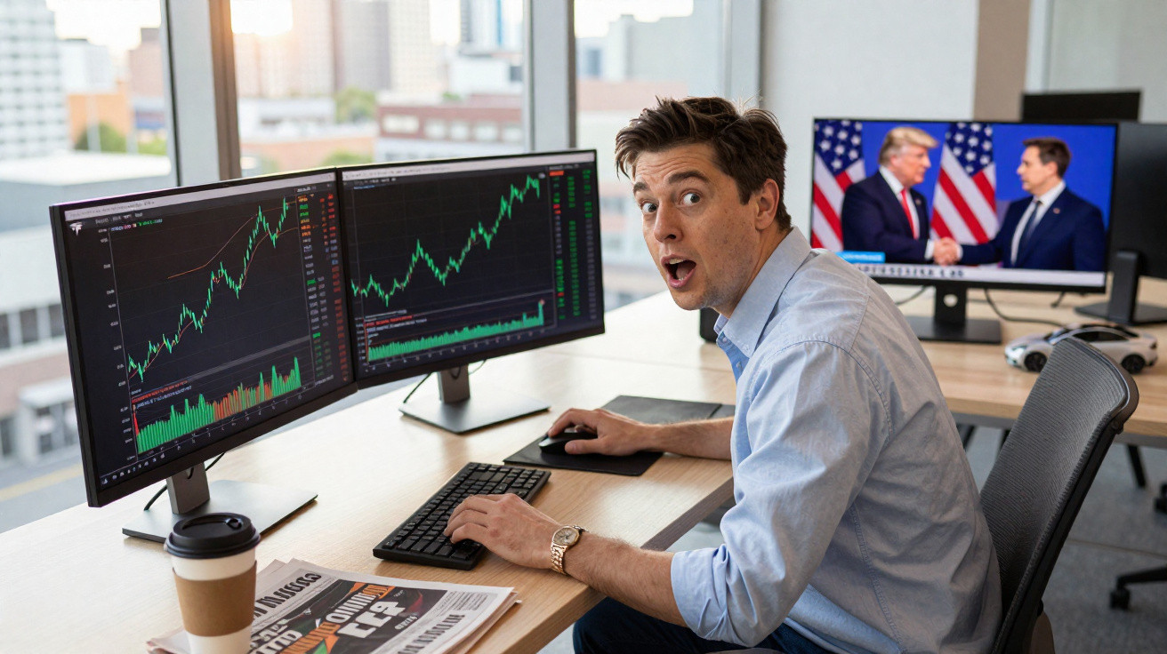 Homem surpreendido analisa gráficos financeiros em dois ecrãs duplos num escritório moderno com vista urbana.