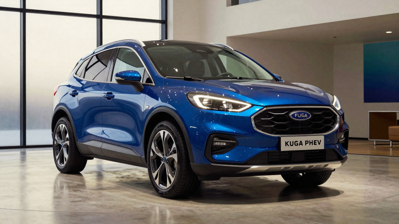 Automóvel SUV azul Fuga Kuga PHEV estacionado em interior moderno com grandes janelas.
