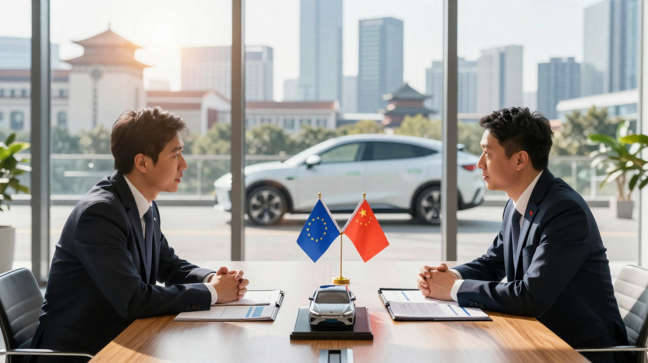 Duas pessoas sentadas frente a frente à mesa com bandeiras da União Europeia e da China e um carro em miniatura.
