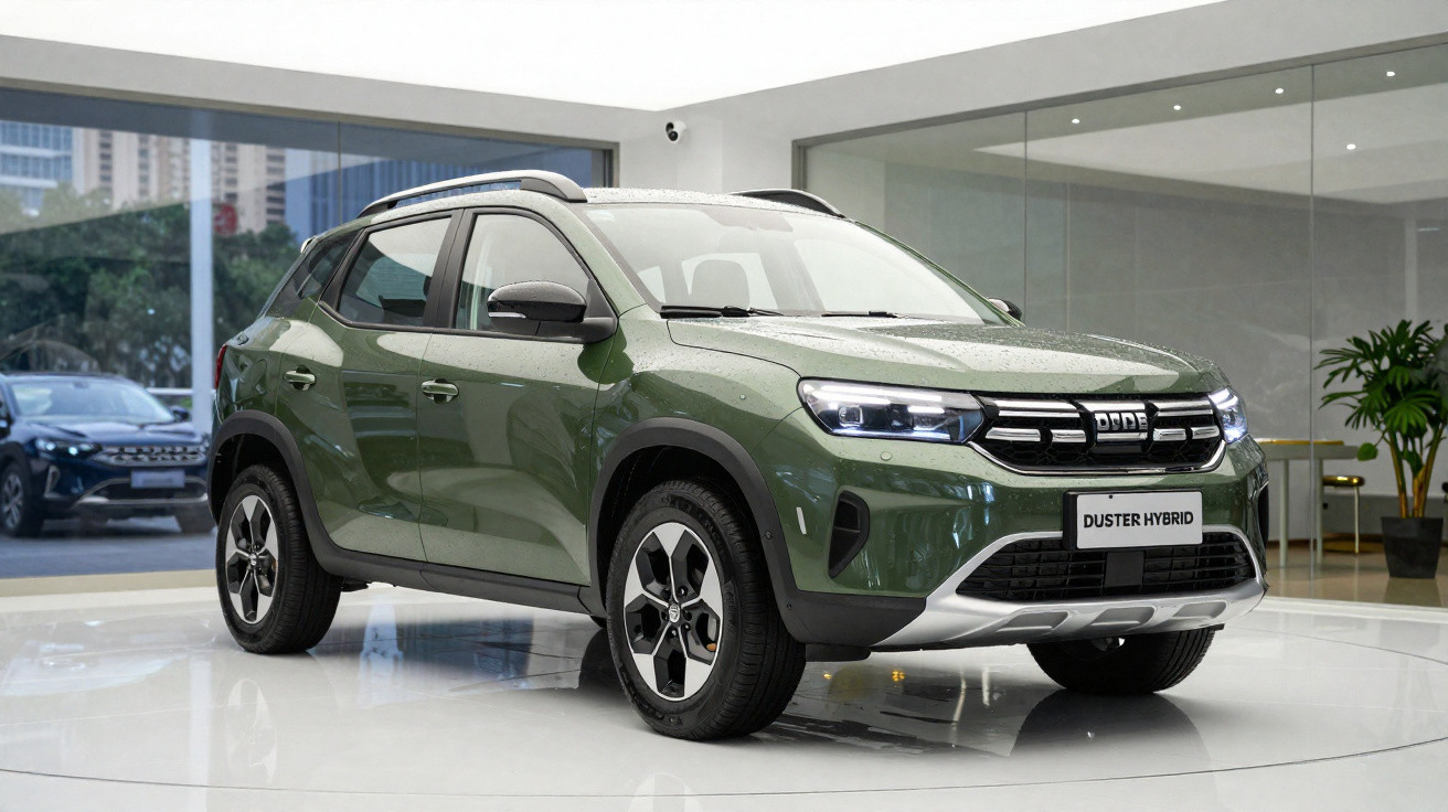 SUV verde Dacia Duster Hybrid exposto em show room moderno, vista frontal direita.