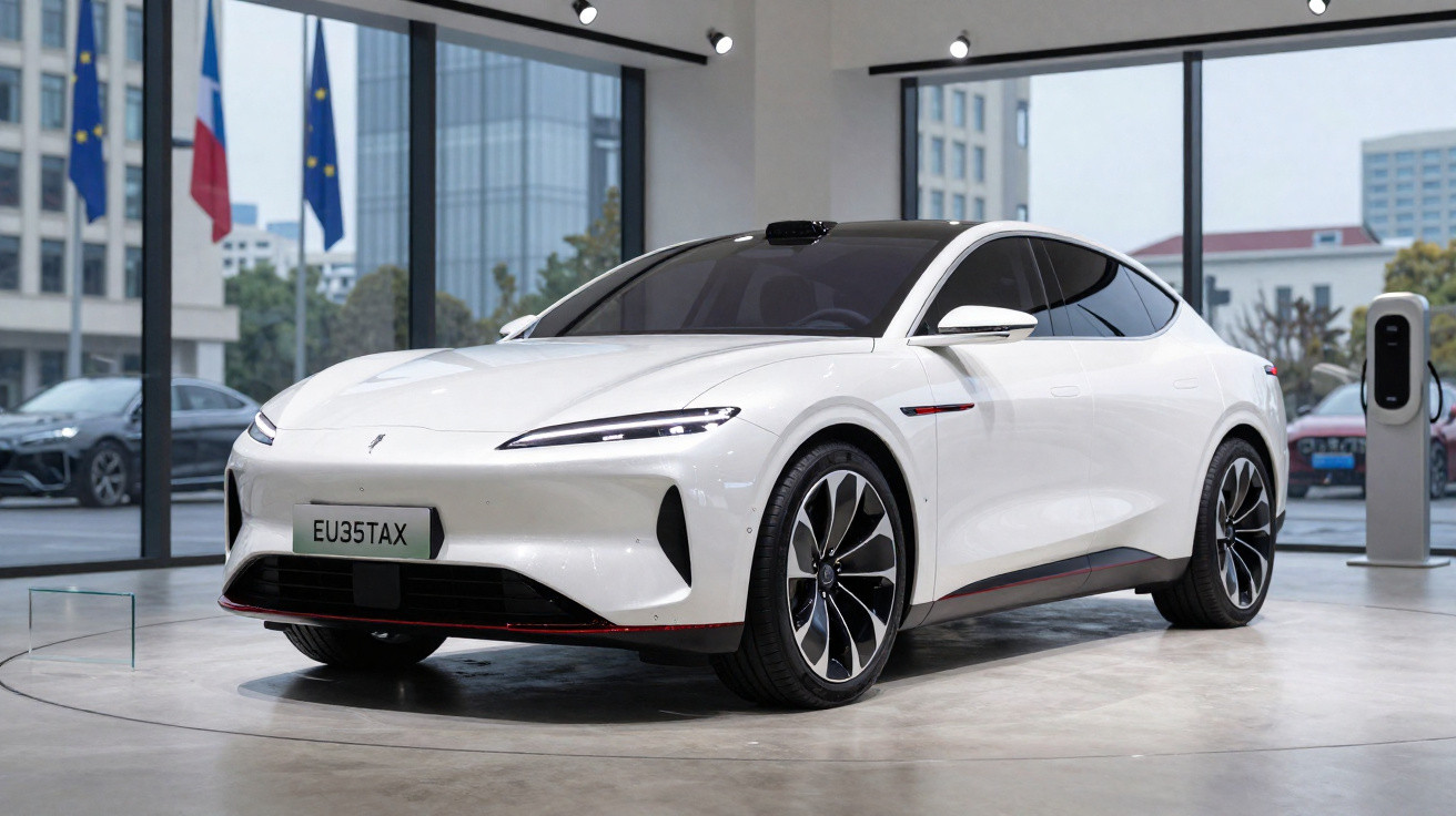 Carro elétrico branco moderno exposto numa sala com janelas grandes e posto de carregamento visível.