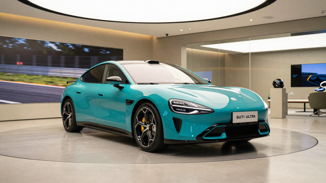 Carro desportivo elétrico azul em exposição moderna com iluminação circular no teto.