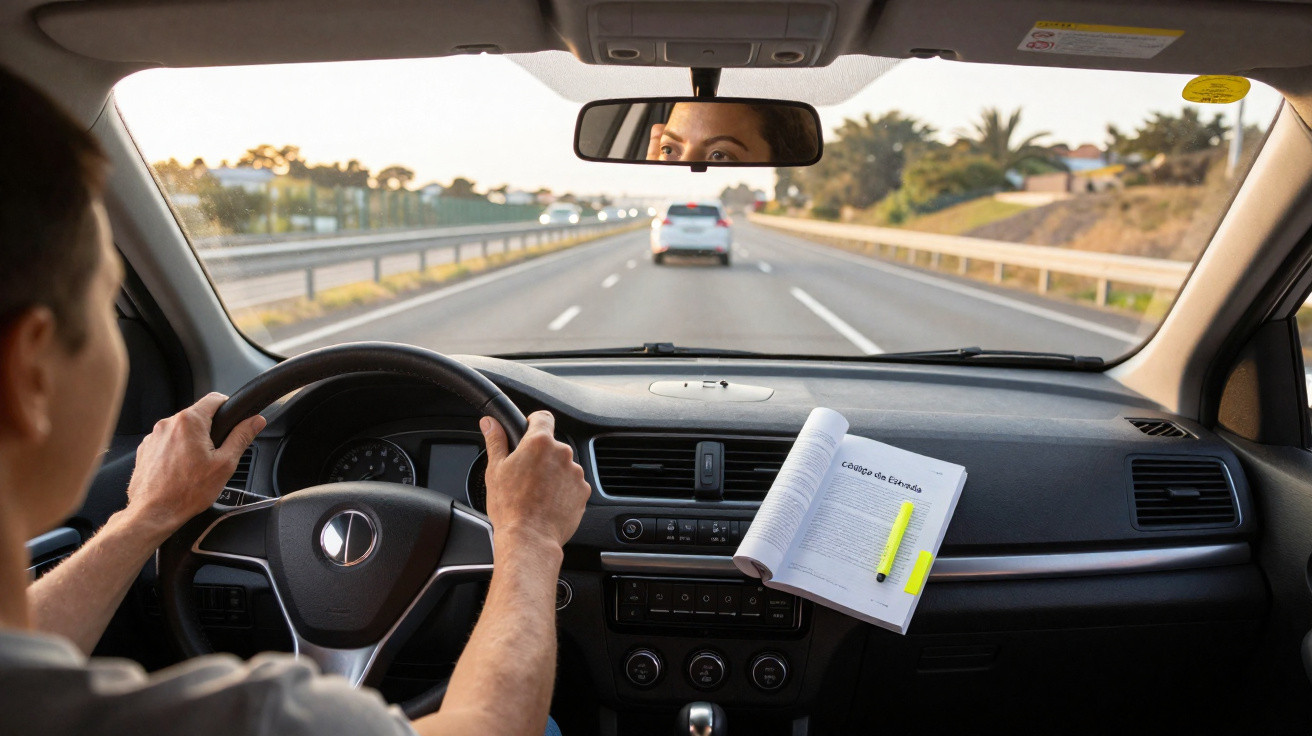 Condutor atento ao volante com livro aberto e marcador amarelo no tablier durante condução na autoestrada.