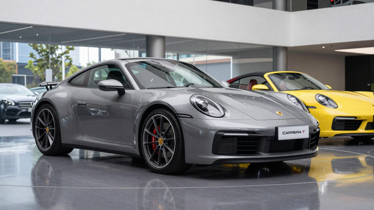 Carro desportivo Porsche Carrera T cinza exibido em showroom moderno com piso reflexivo.