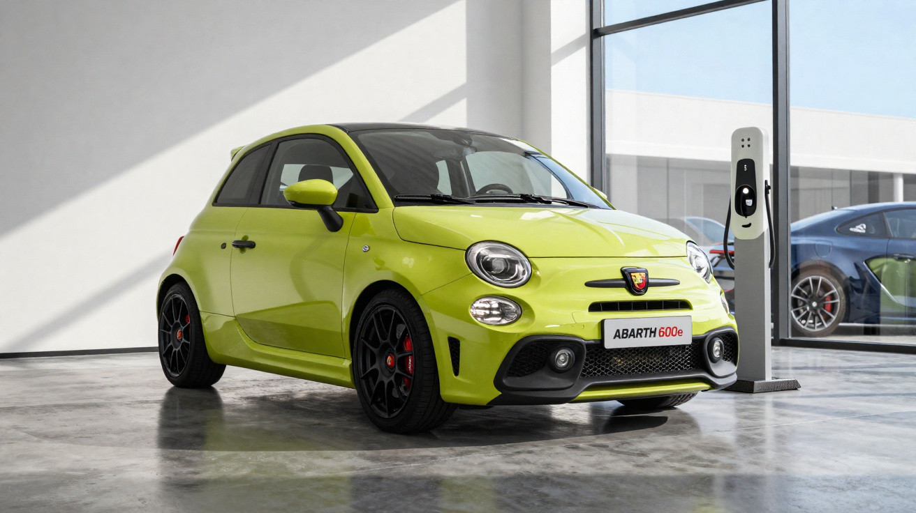 Carro elétrico compacto Abarth 600e verde numa garagem moderna com estação de carregamento.