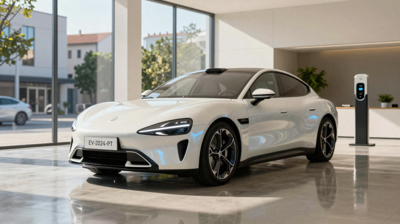 Carro elétrico branco estacionado numa garagem moderna com carregador de veículos eléctricos ao lado.