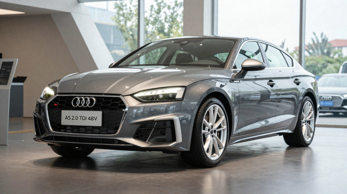 Automóvel Audi A5 cinzento metálico estacionado em showroom moderno com luz natural.