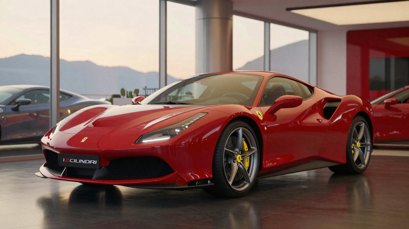 Carro desportivo Ferrari vermelho em exposição interior com jantes cinzentas e travões amarelos.