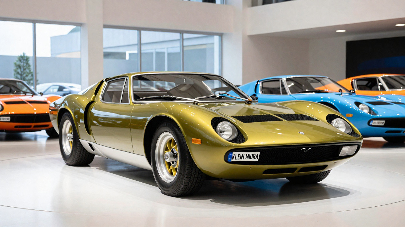 Carro desportivo clássico Lamborghini Miura verde num salão com outros carros coloridos ao fundo.
