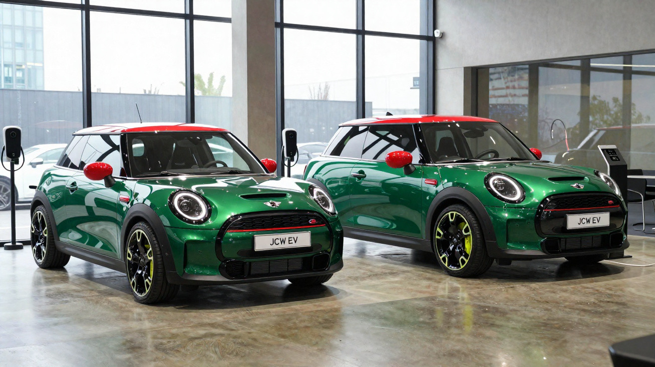 Dois carros Mini Cooper JCW EV verdes com telhados vermelhos estacionados em showroom moderno.
