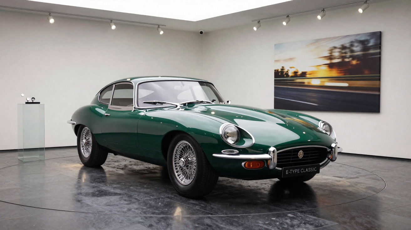 Carro clássico Jaguar E-Type verde exposto numa sala de arte moderna com iluminação focada.