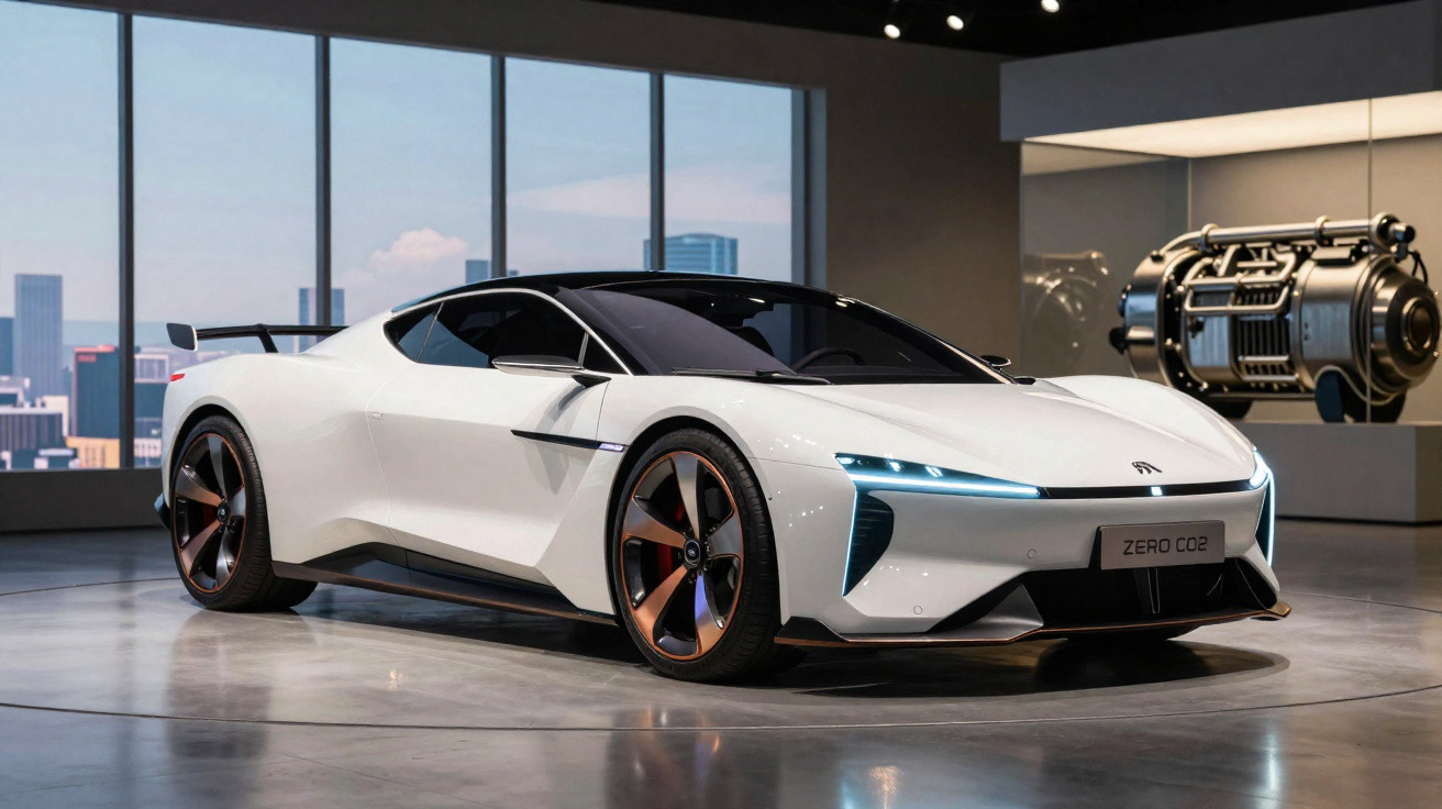 Carro desportivo elétrico branco com design futurista e jantes laranja exposto em ambiente moderno.